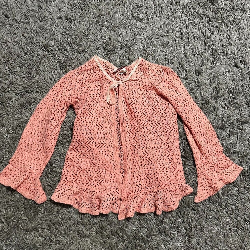 90s Coquette Cotton Knit Trumpet Sleeve Cardigan Tie Front Size xL Best Fits M